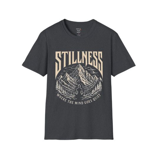 Stillness T-Shirt in Dark Heather Grey featuring vintage-style yoga artwork and relaxed soulful energy.