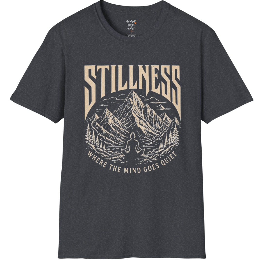 Stillness T-Shirt in Dark Heather Grey featuring vintage-style yoga artwork and relaxed soulful energy.