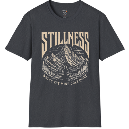 Stillness T-Shirt in Dark Heather Grey featuring vintage-style yoga artwork and relaxed soulful energy.