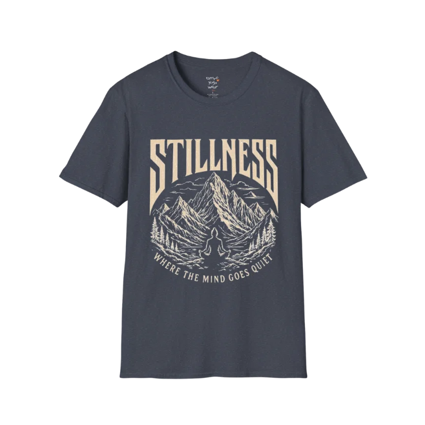 Stillness T-Shirt in Heather Navy with calming spiritual illustration and mindful everyday yoga-inspired styling.