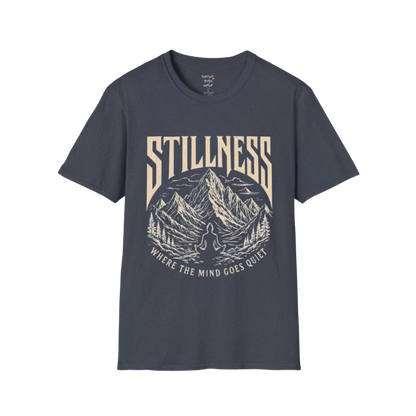 Stillness T-Shirt in Heather Navy with calming spiritual illustration and mindful everyday yoga-inspired styling.