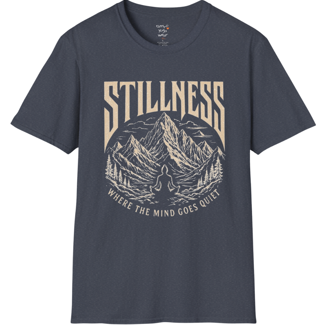 Stillness T-Shirt in Heather Navy with calming spiritual illustration and mindful everyday yoga-inspired styling.