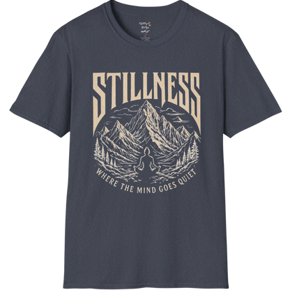 Stillness T-Shirt in Heather Navy with calming spiritual illustration and mindful everyday yoga-inspired styling.