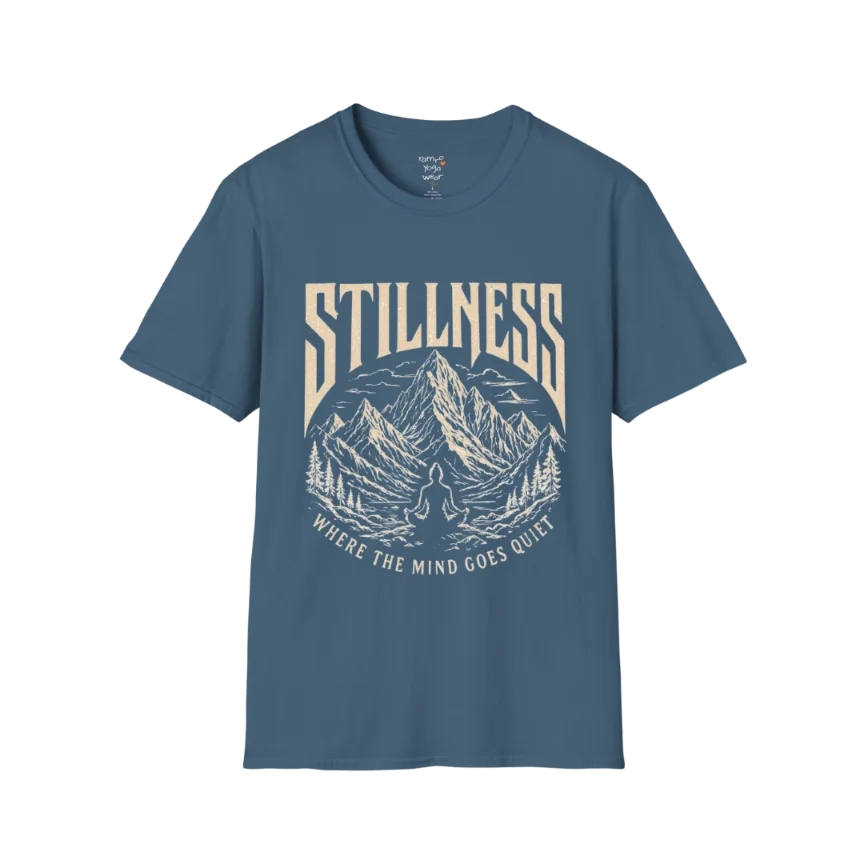 Stillness T-Shirt in Indigo Blue with spiritual yoga-inspired artwork and calm street-style aesthetic.