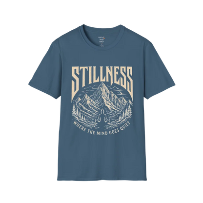 Stillness T-Shirt in Indigo Blue with spiritual yoga-inspired artwork and calm street-style aesthetic.