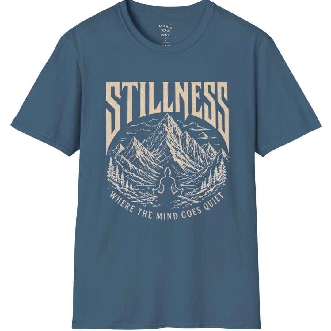Stillness T-Shirt in Indigo Blue with spiritual yoga-inspired artwork and calm street-style aesthetic.