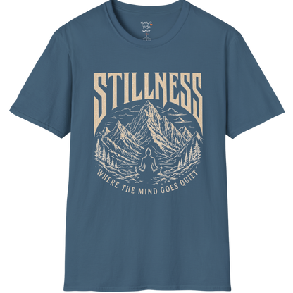 Stillness T-Shirt in Indigo Blue with spiritual yoga-inspired artwork and calm street-style aesthetic.