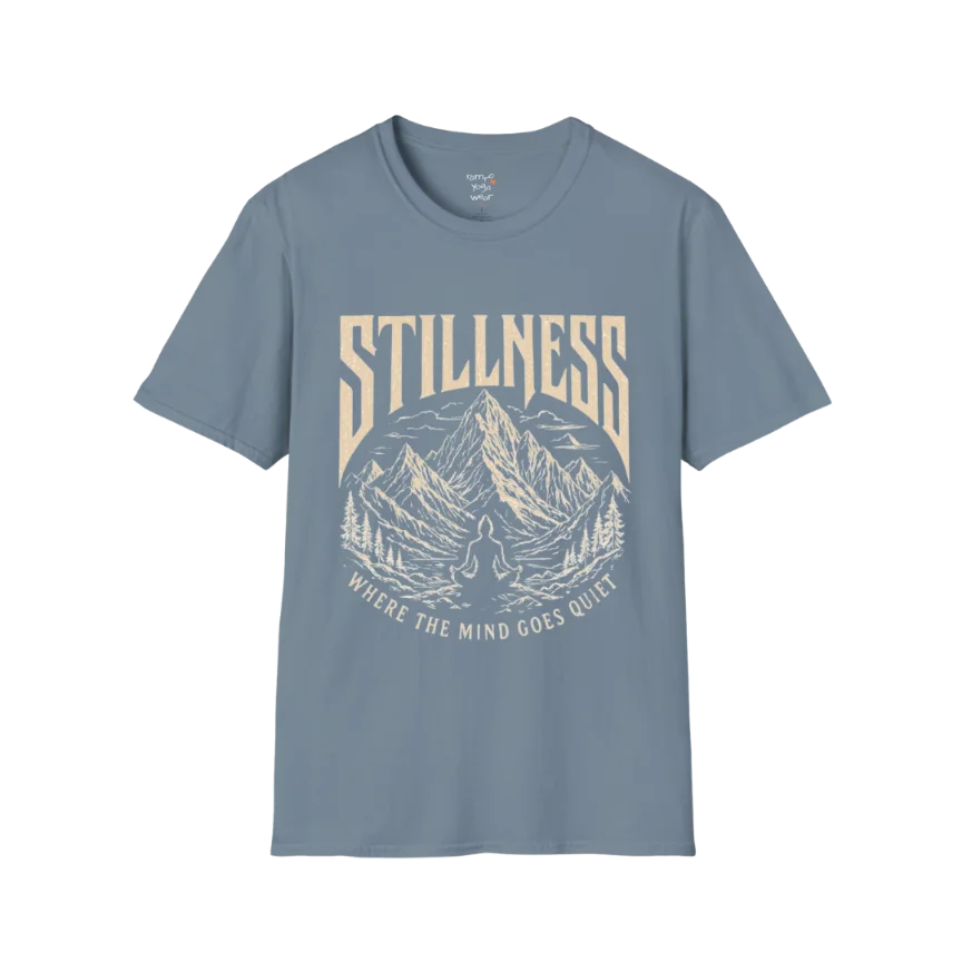 Stillness T-Shirt in Stone Blue with detailed yoga-inspired artwork and relaxed spiritual streetwear styling.