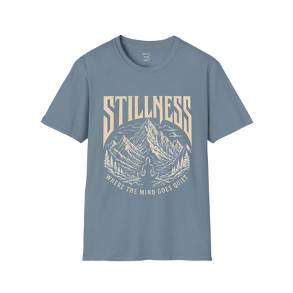 Stillness T-Shirt in Stone Blue with detailed yoga-inspired artwork and relaxed spiritual streetwear styling.