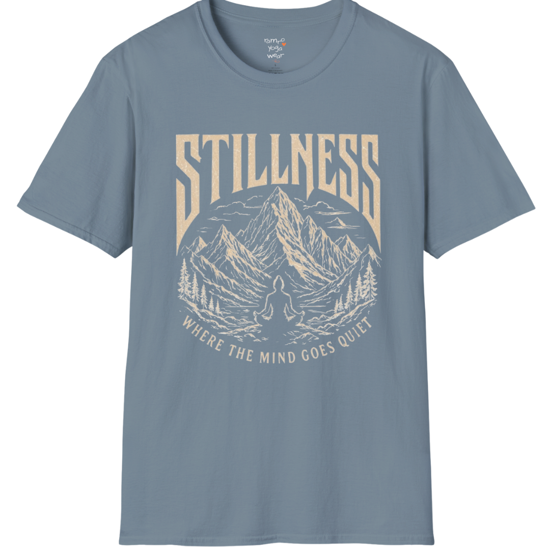 Stillness T-Shirt in Stone Blue with detailed yoga-inspired artwork and relaxed spiritual streetwear styling.