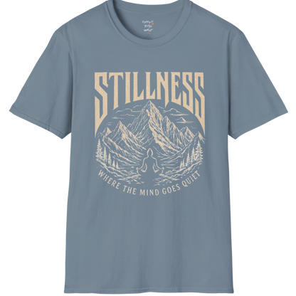 Stillness T-Shirt in Stone Blue with detailed yoga-inspired artwork and relaxed spiritual streetwear styling.
