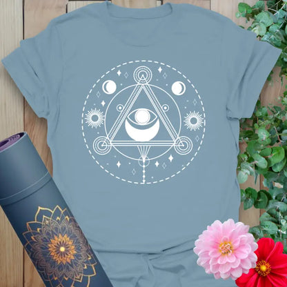 Stone Blue All Seeing Eye T-Shirt – spiritual yoga tee with sacred eye symbol and cosmic alignment id a refreshing design by Ramro Yoga Wear.