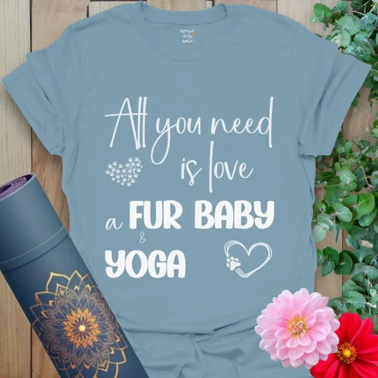 Soft blue mindful movement tee with yoga and fur baby slogan.