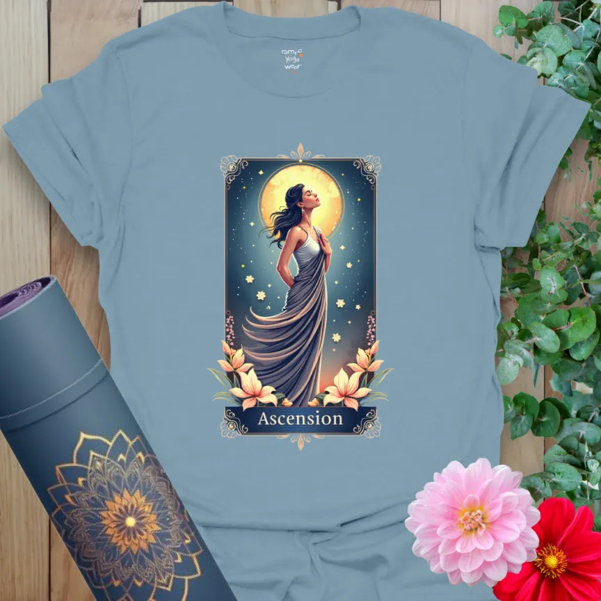 Stone Blue Ascension T-Shirt with star-filled background and empowered feminine figure in flow