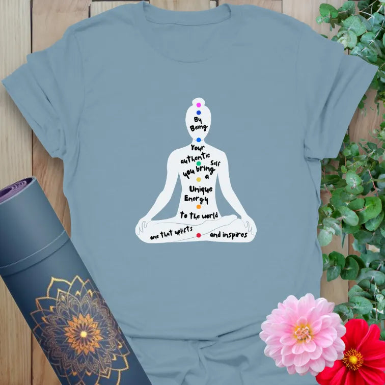 Stone blue Authentic T-Shirt featuring meditation pose and uplifting quote