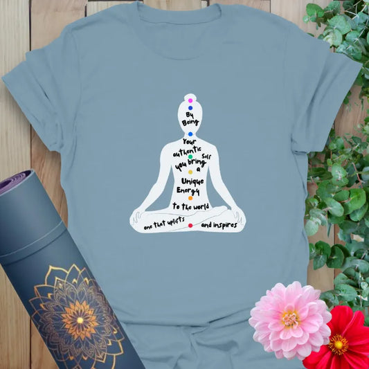 Stone blue Authentic T-Shirt featuring meditation pose and uplifting quote