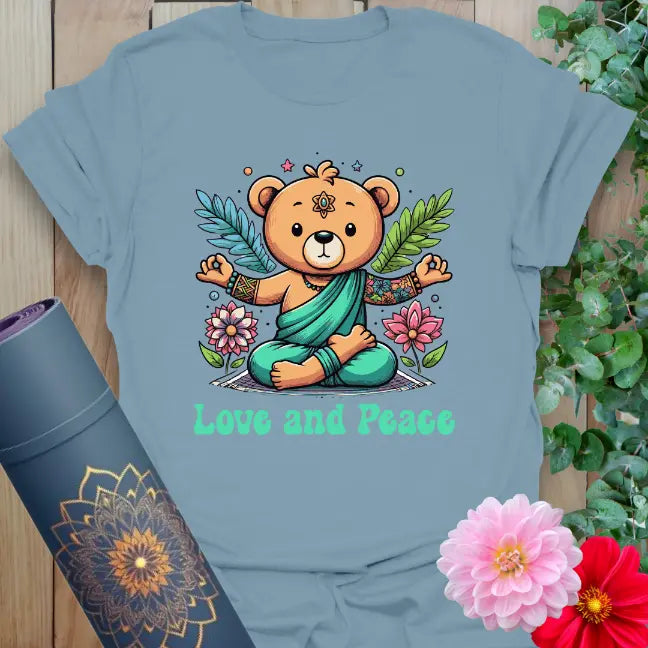 Stone blue Bear T-Shirt with colorful mindful bear and floral accents