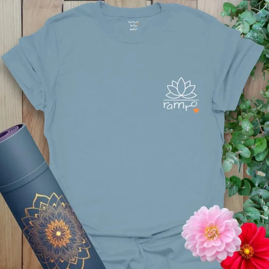 Stone Blue Beautiful Flow T-Shirt with lotus illustration and Ramro heart. Symbol of serenity and flow for yoga lovers.