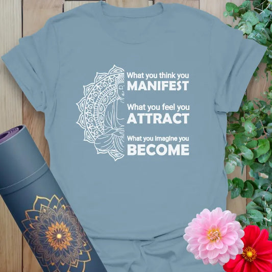 Stone blue Become T-Shirt with spiritual quote and yoga symbolism