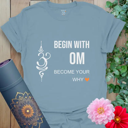Balanced stone blue yoga tee with flowing Om and Ramro orange heart.