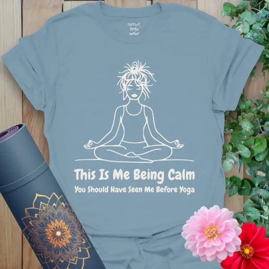 Stone blue color yoga t-shirt with line-art yogi and relatable yoga humour quote.