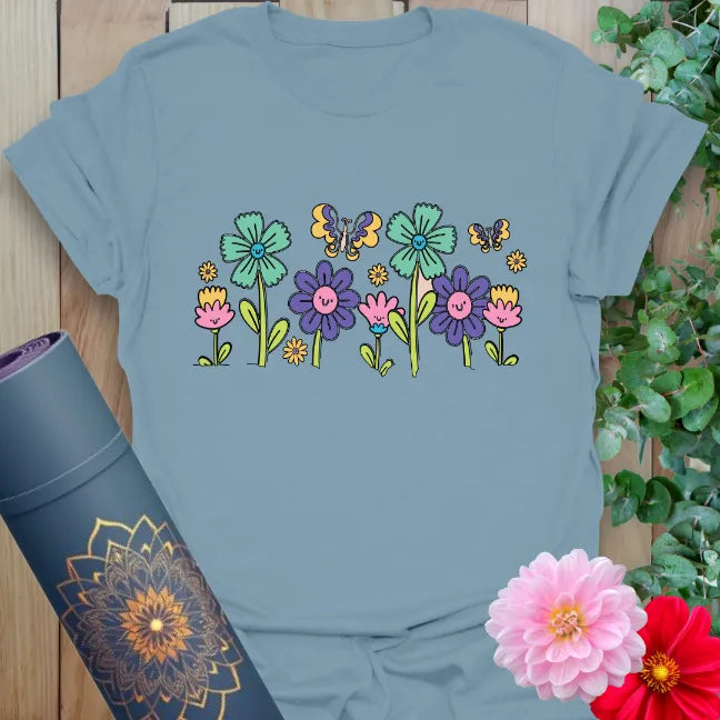 Stone blue Boho Flowers T-Shirt with hand-drawn flowers and joyful energy