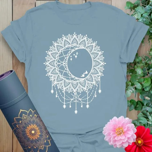 Stone blue Boho Sun Moon T-Shirt with intricate cosmic pattern and dreamy vibe