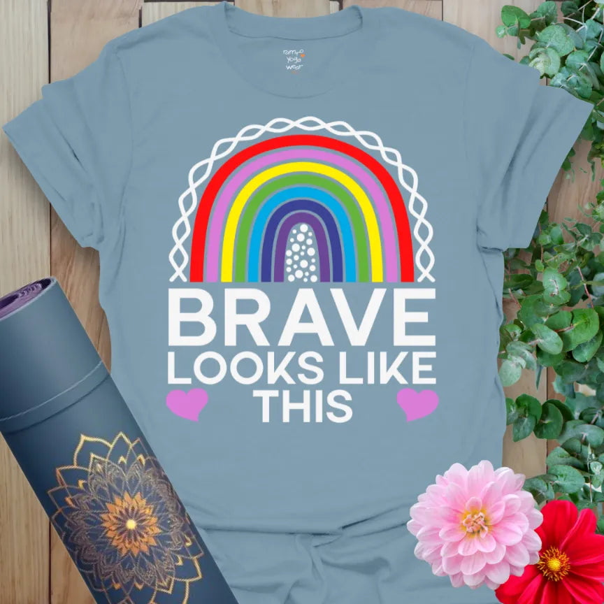 Stone blue Brave T-Shirt with bold rainbow and inspirational bravery message


