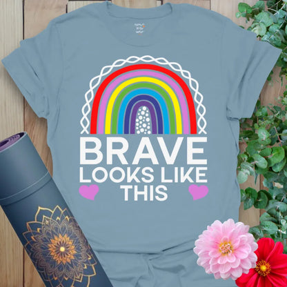 Stone blue Brave T-Shirt with bold rainbow and inspirational bravery message

