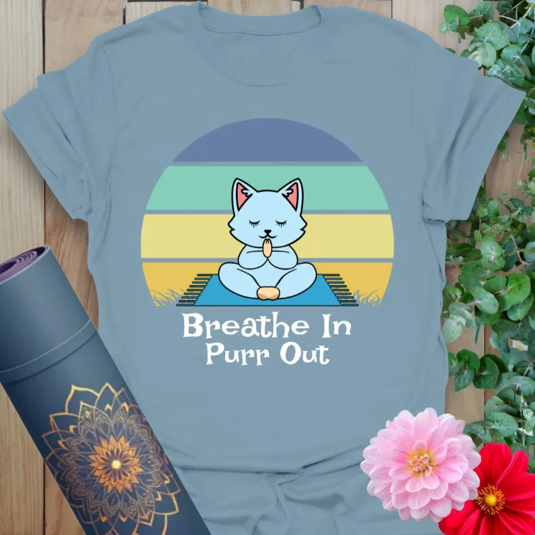 Stone blue Breathe In T-Shirt with adorable yoga cat and colorful backdrop