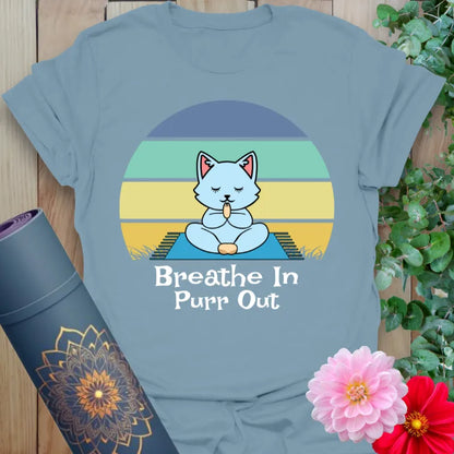 Stone blue Breathe In T-Shirt with adorable yoga cat and colorful backdrop