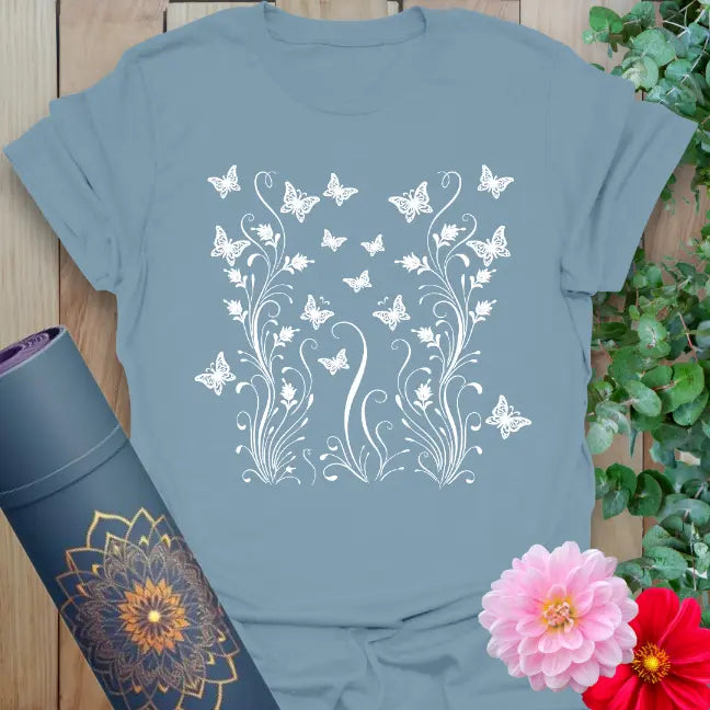 Stone blue Butterfly T-Shirt with soft spiritual artwork of butterflies and growth