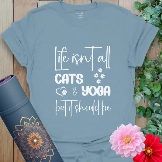 Stone Blue Cat Yoga T-Shirt with clean white paw prints and heart detail. Lightweight cotton yoga shirt for cat enthusiasts.