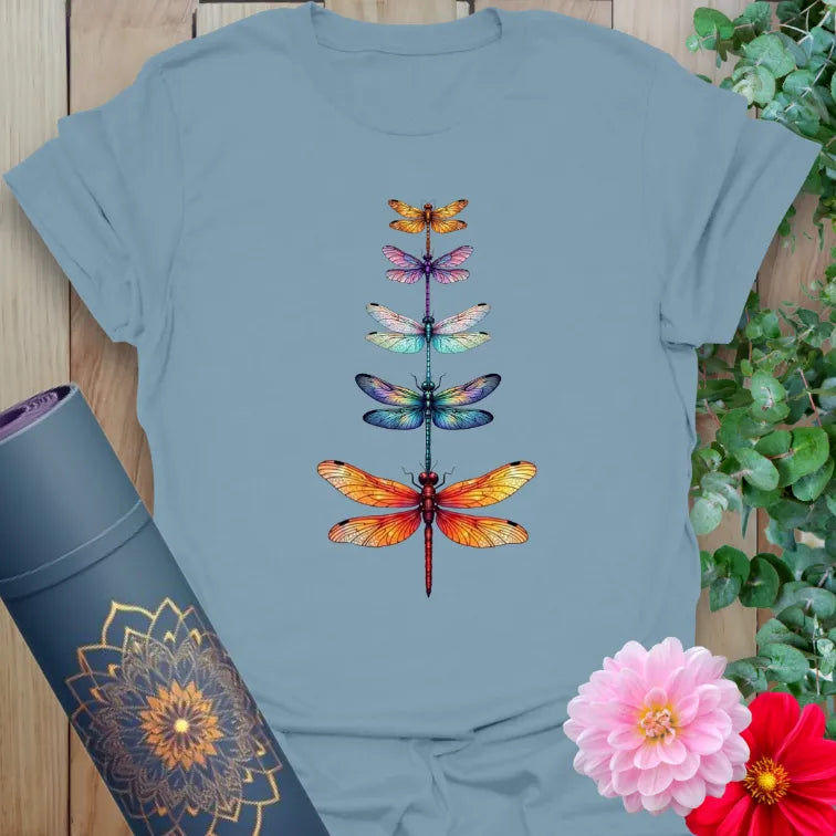 Stone blue Change T-Shirt with stacked dragonflies representing change and new beginnings