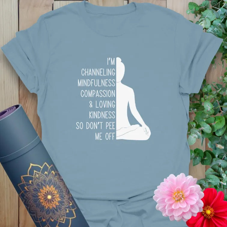 Stone blue Channeling T-Shirt with sassy yoga graphic and peaceful figure