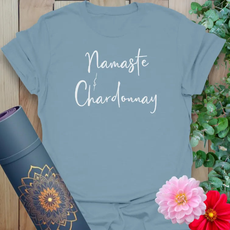 Stone blue Chardonnay T-Shirt with “Namaste and Wine” quote in script
