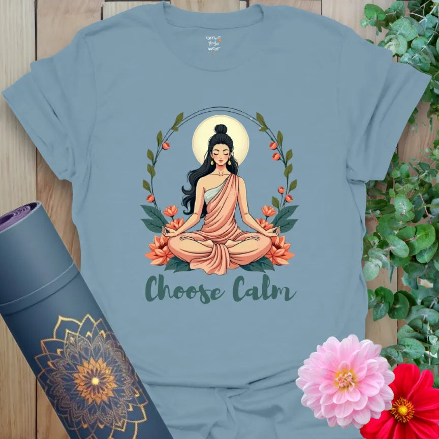 Crafted with love is our Stone Blue Choose Calm T-Shirt featuring tranquil digital artwork and peaceful yoga theme.