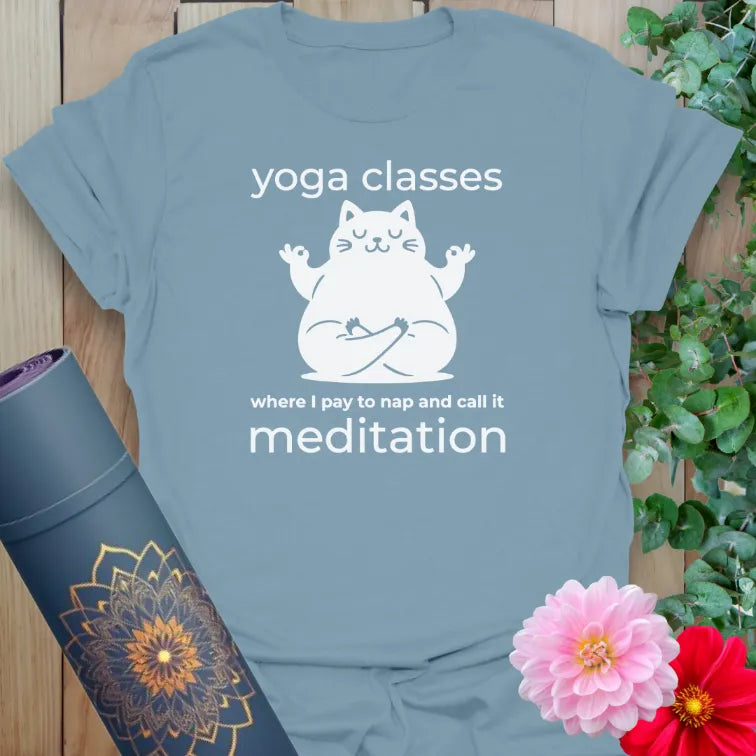 Stone blue Classes T-Shirt with relaxing cat yoga graphic and meditation joke
