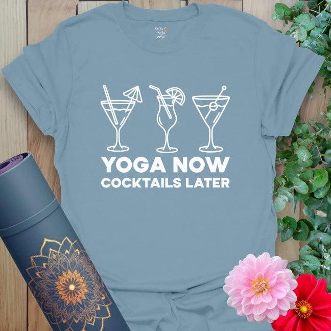 Stone blue Cocktail T-Shirt with yoga now, cocktails later quote and drink icons