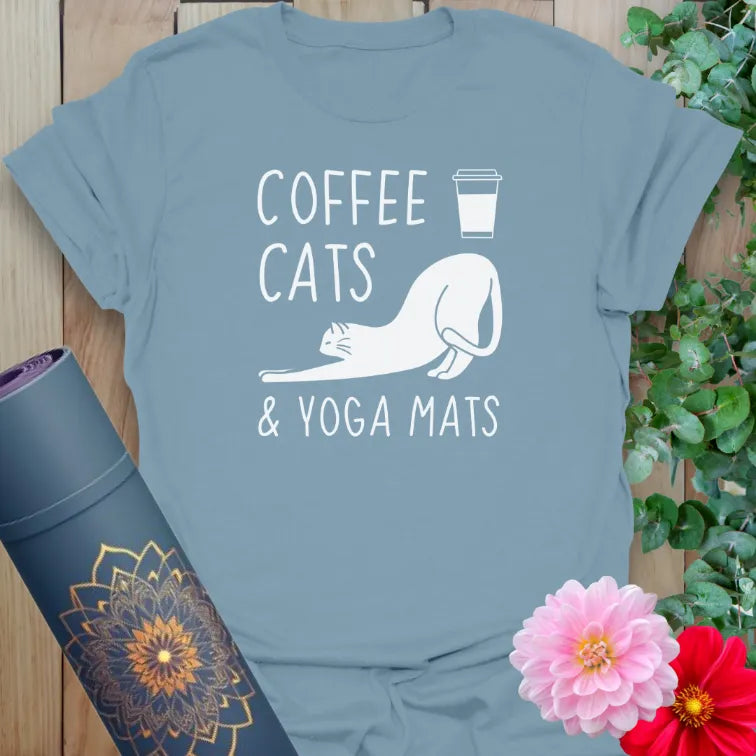 Stone blue Coffee Cats T-Shirt with playful stretching cat and yoga quote