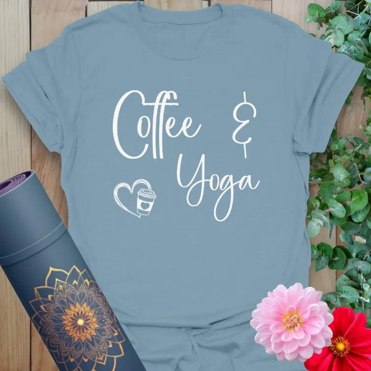 Stone blue Coffee T-Shirt with minimalist “Coffee & Yoga” print for cozy vibes