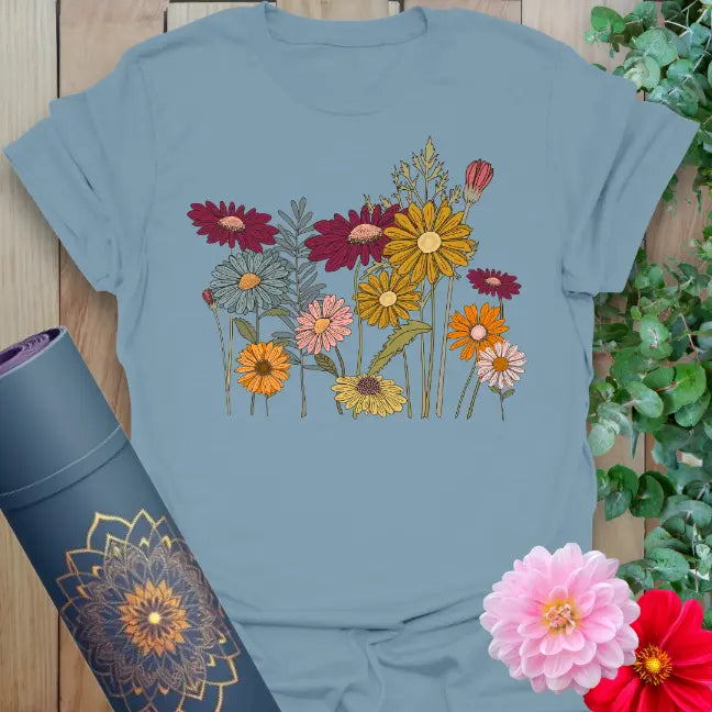 Stone blue Cottage Flowers T-Shirt featuring cozy wildflower cluster design