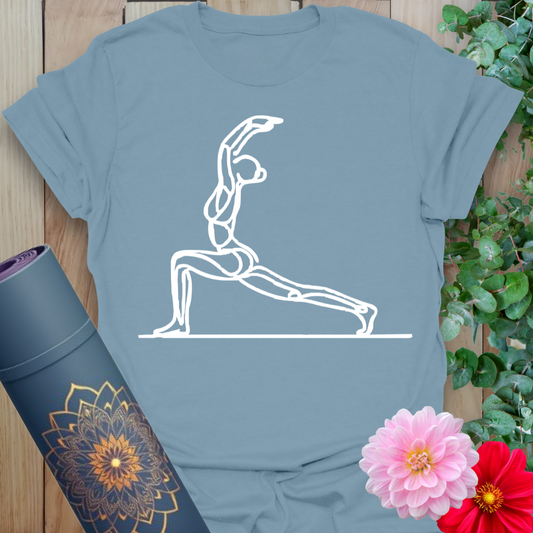 Stone blue Crescent Lunge T-Shirt with flowing line art yoga pose