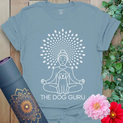 Stone Blue Dog Guru T-Shirt featuring serene yoga figure with dog companion graphic. Ideal spiritual gift tee for yoga and dog fans.