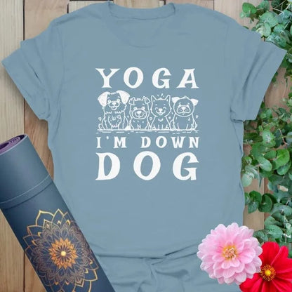 Stone blue Dog Ready T-Shirt with humorous yoga dog message and cute art