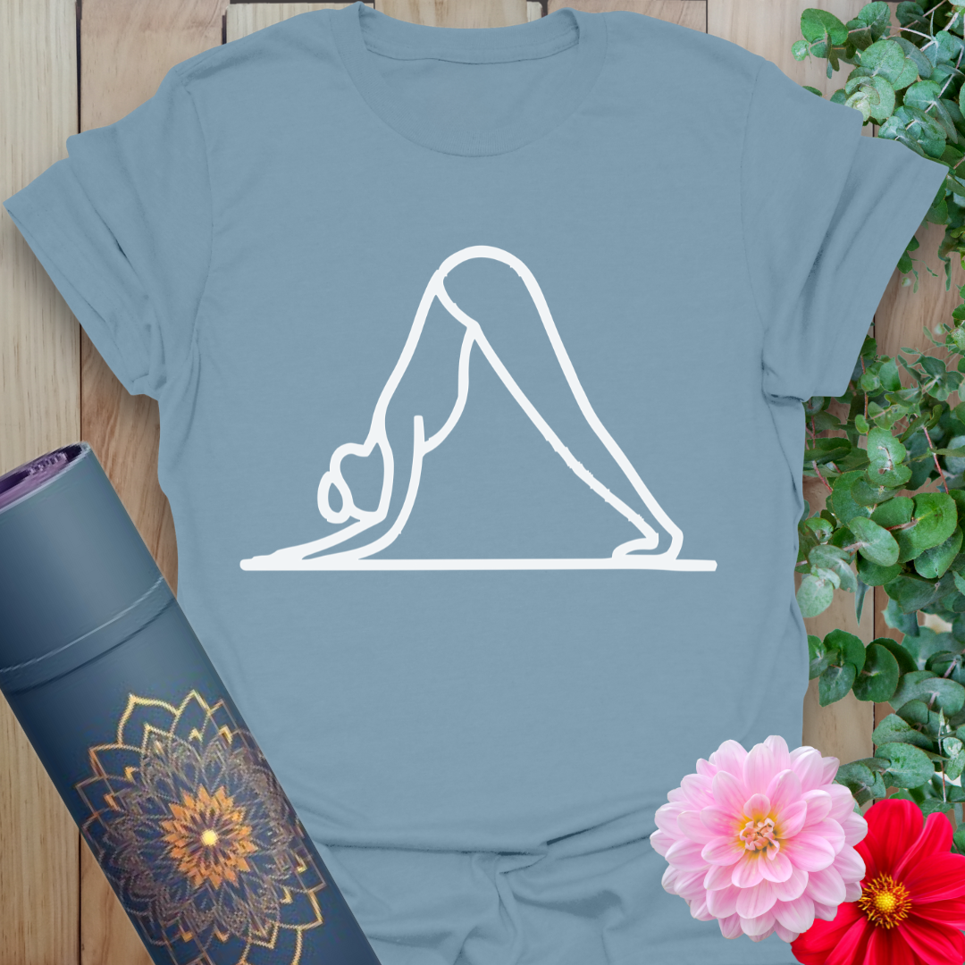 Stone blue Downward Dog T-Shirt featuring peaceful yoga art for mindful movement lovers