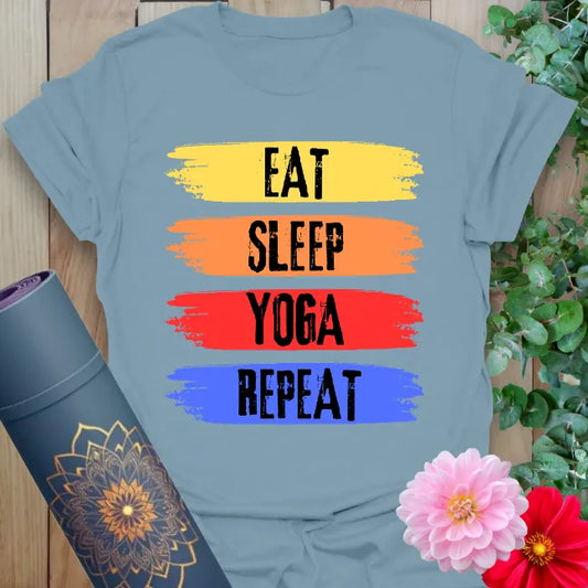 Stone blue Eat Sleep Yoga Repeat t-shirt for yogis and mindfulness lovers