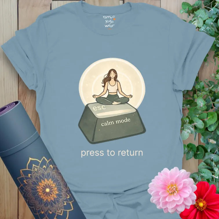 Stone Blue Esc T-Shirt with modern mindfulness escape key design. Calm, minimalist yoga graphic tee.