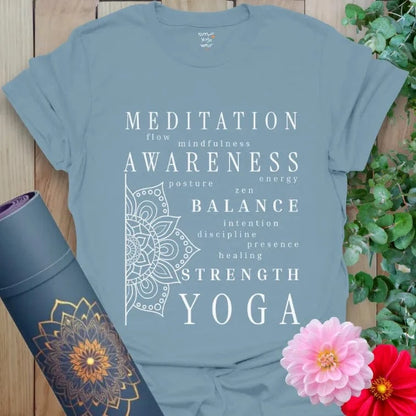 Stone Blue Essence T-Shirt featuring white mandala line art and yoga words. A grounding and stylish piece for yoga lovers.