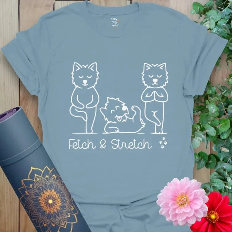Stone Blue Fetch T-Shirt with three pups in yoga poses. “Fetch & Stretch” playful dog yoga shirt.
